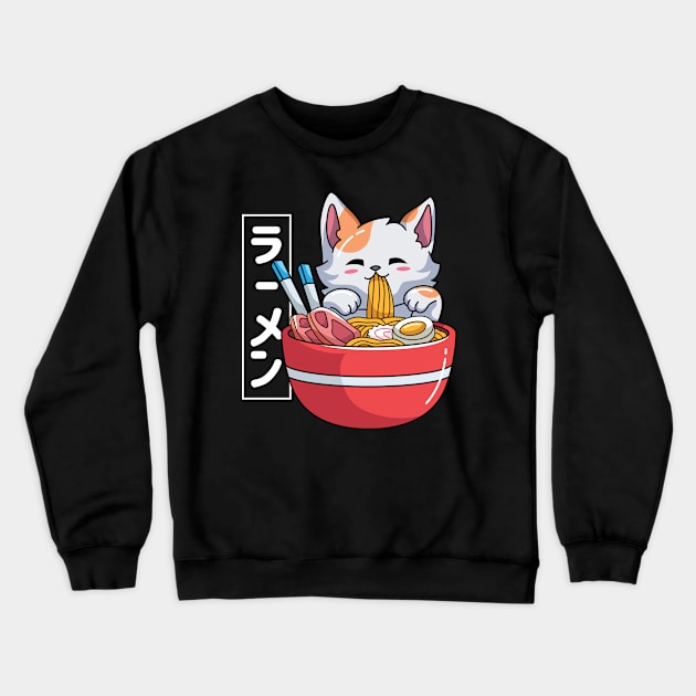 Kawaii Neko Eating Ramen Noodles Crewneck Sweatshirt by spacedowl